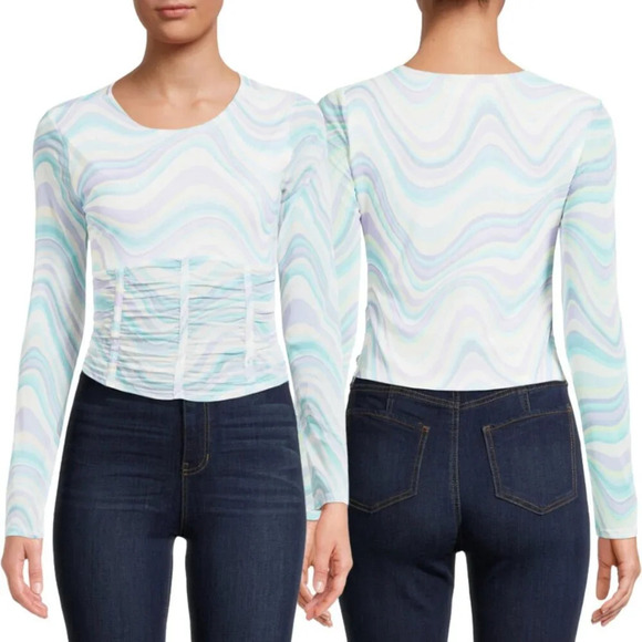 Madden NYC Y2K Wavy Corset Crop Top Women's Large Long Sleeve Mesh Stretch - Picture 1 of 14